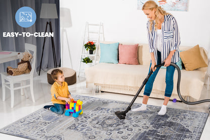 2x3 ft Medallion Area Rug-Non-Shedding, Stain-Resistant, Polyester-Kid & Pet-Friendly,Entryway-Cream/Blue