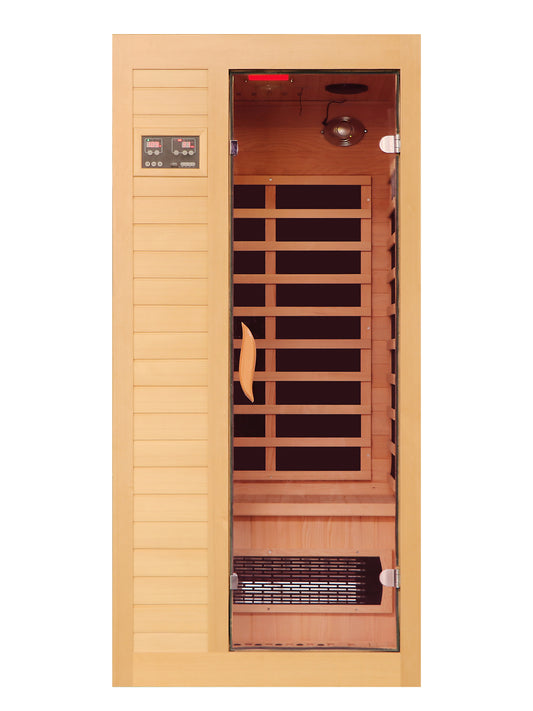 1-2 Person Far Infrared Home Sauna with Low EMF, LED Control Panel, Tempered Glass Door Natural Wood