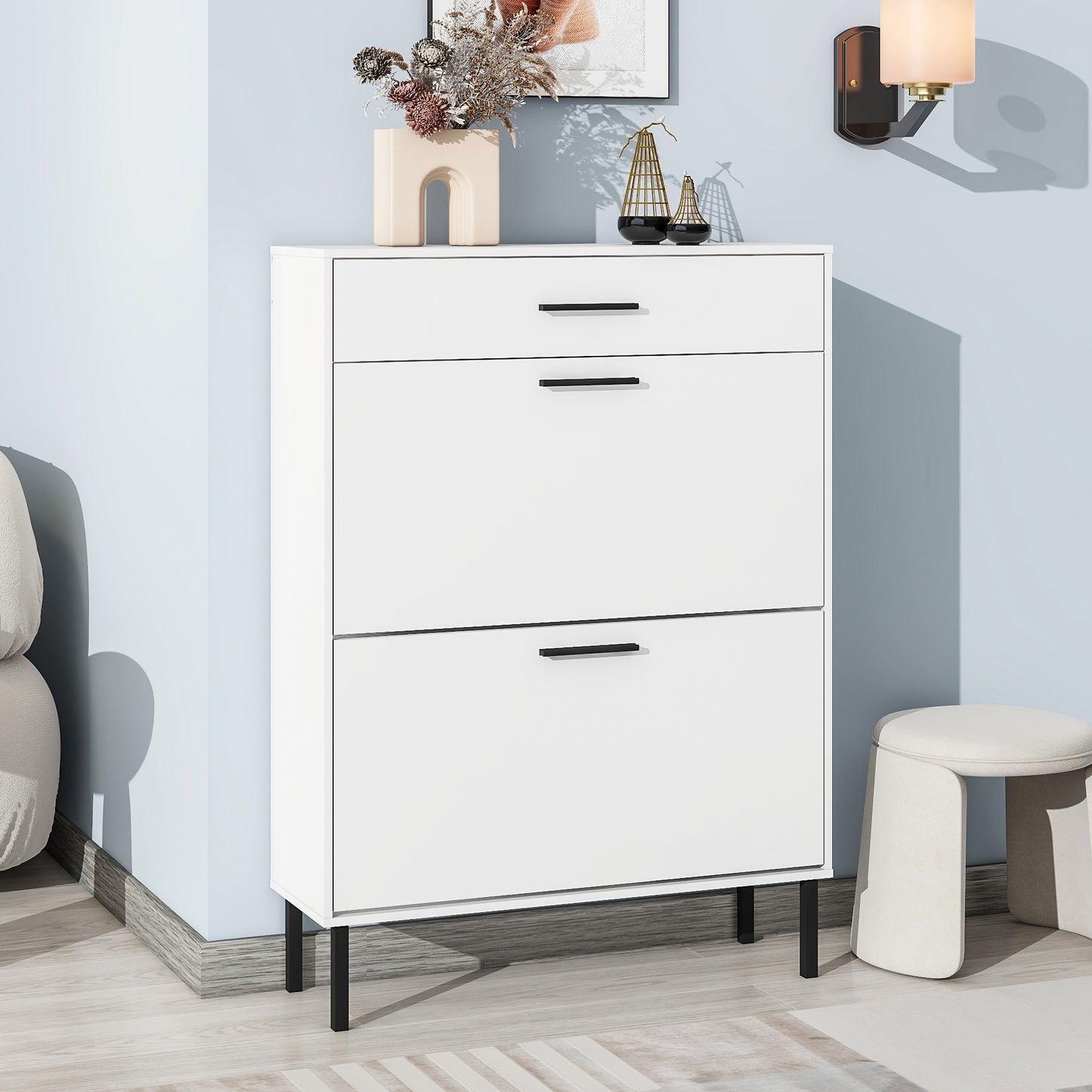 Modern Freestanding Shoe Storage Cabinet with Adjustable Flip Drawers and Metal Legs for Entryway Organization