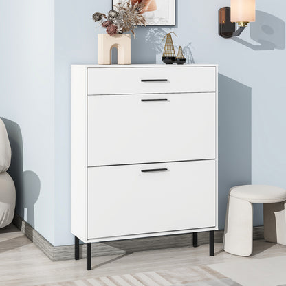 Modern Freestanding Shoe Storage Cabinet with Adjustable Flip Drawers and Metal Legs for Entryway Organization