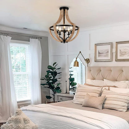 5-Light Farmhouse Pendant Chandelier for Dining Room & Kitchen Island Height Adjustable 19 in Brown