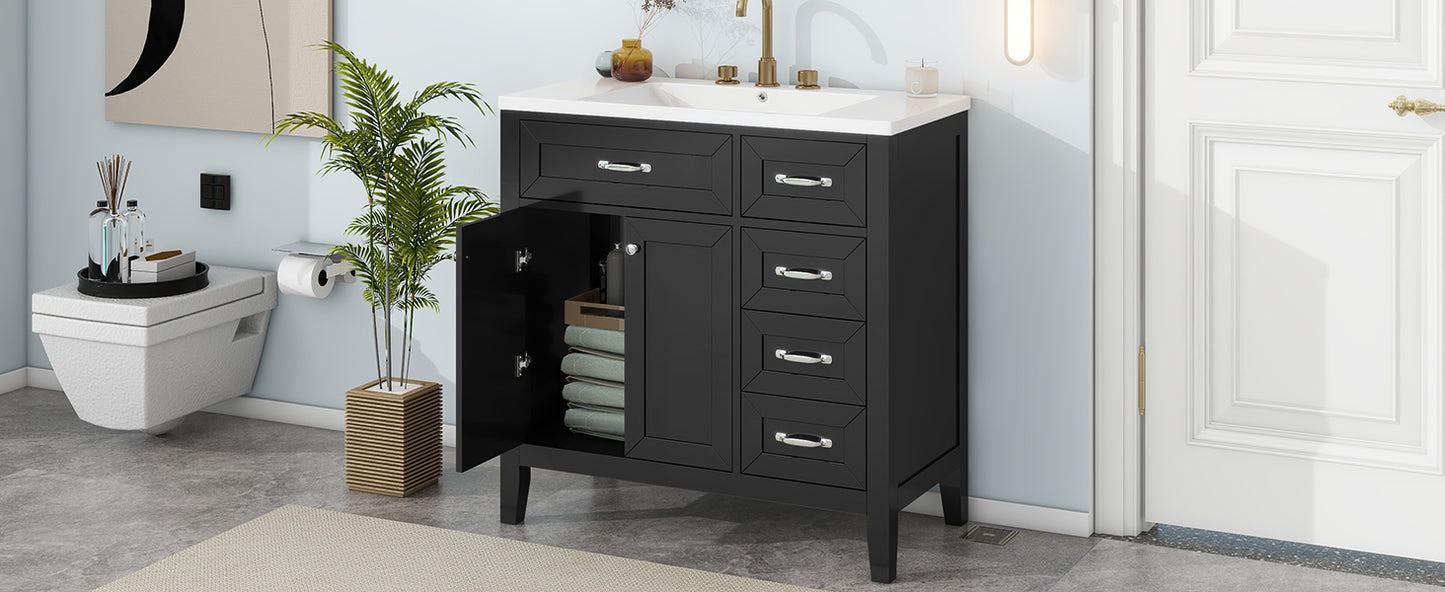 Stylish 36-Inch Black Bathroom Vanity with Integrated Sink, Durable MDF and Solid Wood Construction, Convenient Storage Drawers