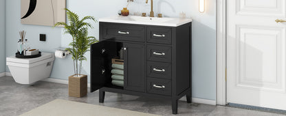 Stylish 36-Inch Black Bathroom Vanity with Integrated Sink, Durable MDF and Solid Wood Construction, Convenient Storage Drawers