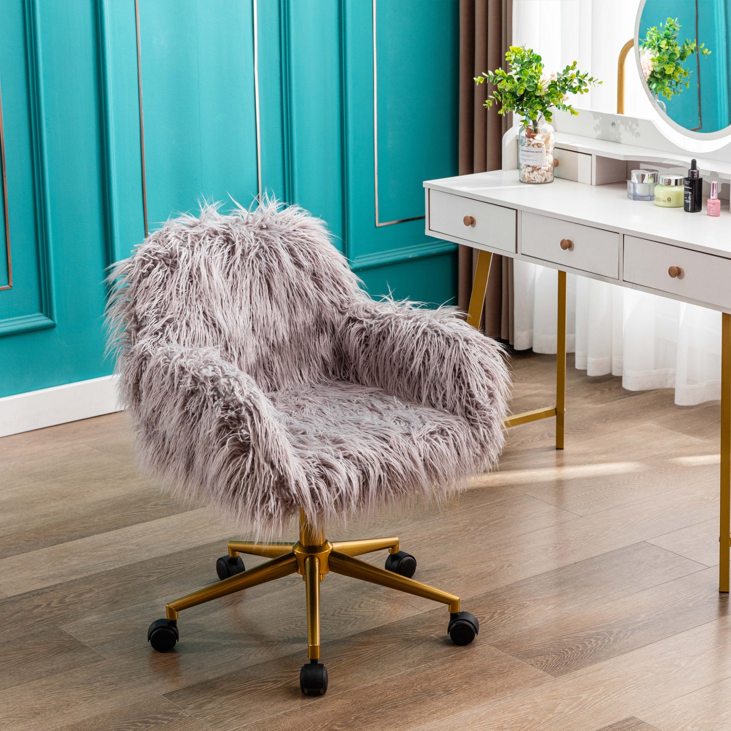 Elegant Grey Faux Fur Office Chair with Golden Base - Fluffy Makeup Vanity Chair for Stylish Girls