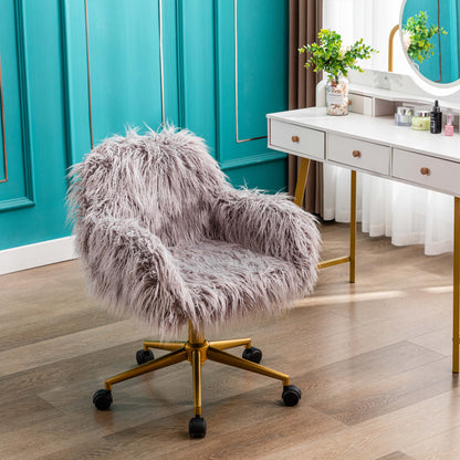 Elegant Grey Faux Fur Office Chair with Golden Base - Fluffy Makeup Vanity Chair for Stylish Girls