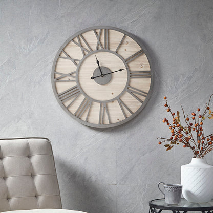 23.6-Inch Round Wood Wall Clock, MDF, Quartz Movement, Ready to Hang, Natural/Grey