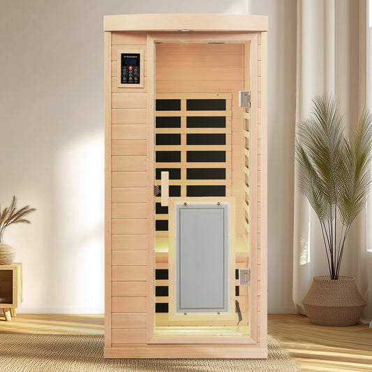 1-Person Hemlock Far-Infrared Indoor Sauna with Front-Door Heating Panel, Low EMF, Bluetooth Natural