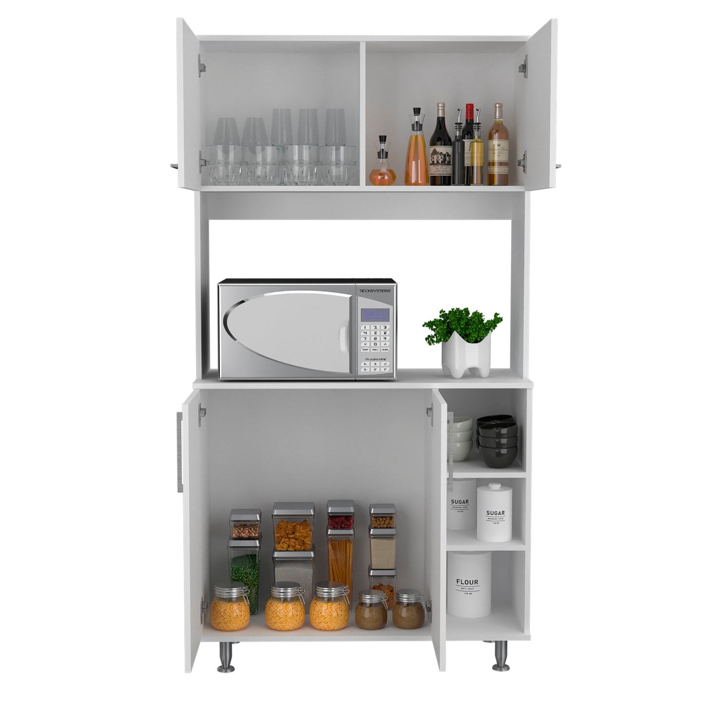 Modern White Freestanding Double Door Pantry Cabinet with Adjustable Legs and Open Shelving
