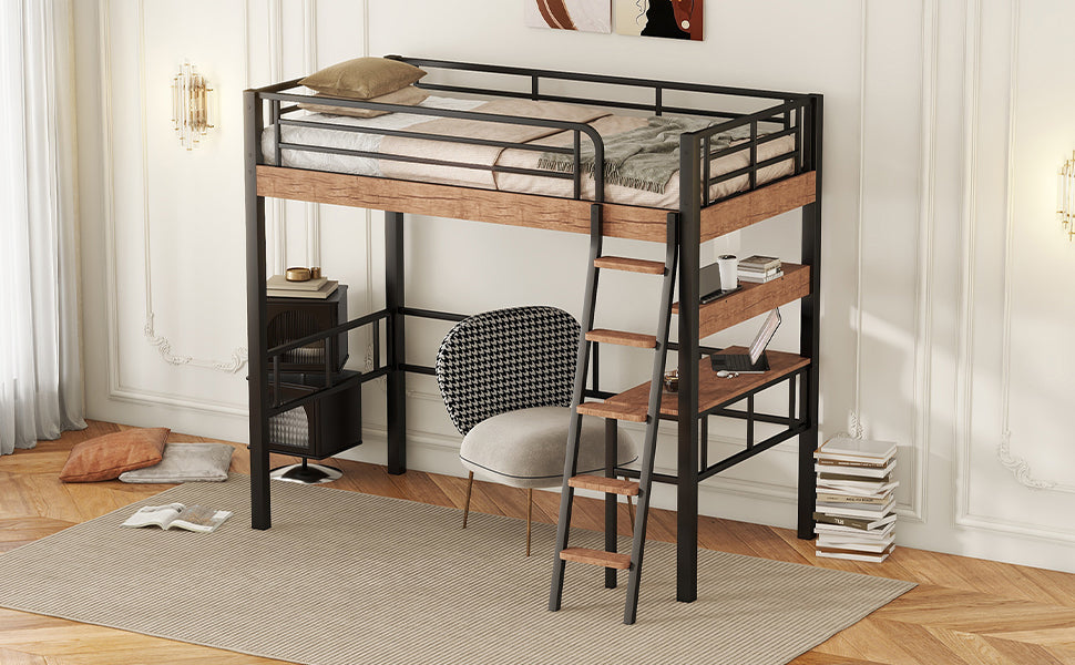 Black Metal Twin Loft Bed with Integrated Desk, Storage Shelf, and Ladder