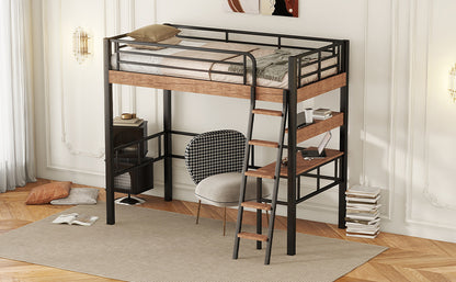 Black Metal Twin Loft Bed with Integrated Desk, Storage Shelf, and Ladder