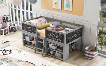 Twin Size Low Loft Bed with Creative Chalkboard Guardrails and Adjustable Storage Shelves, Gray