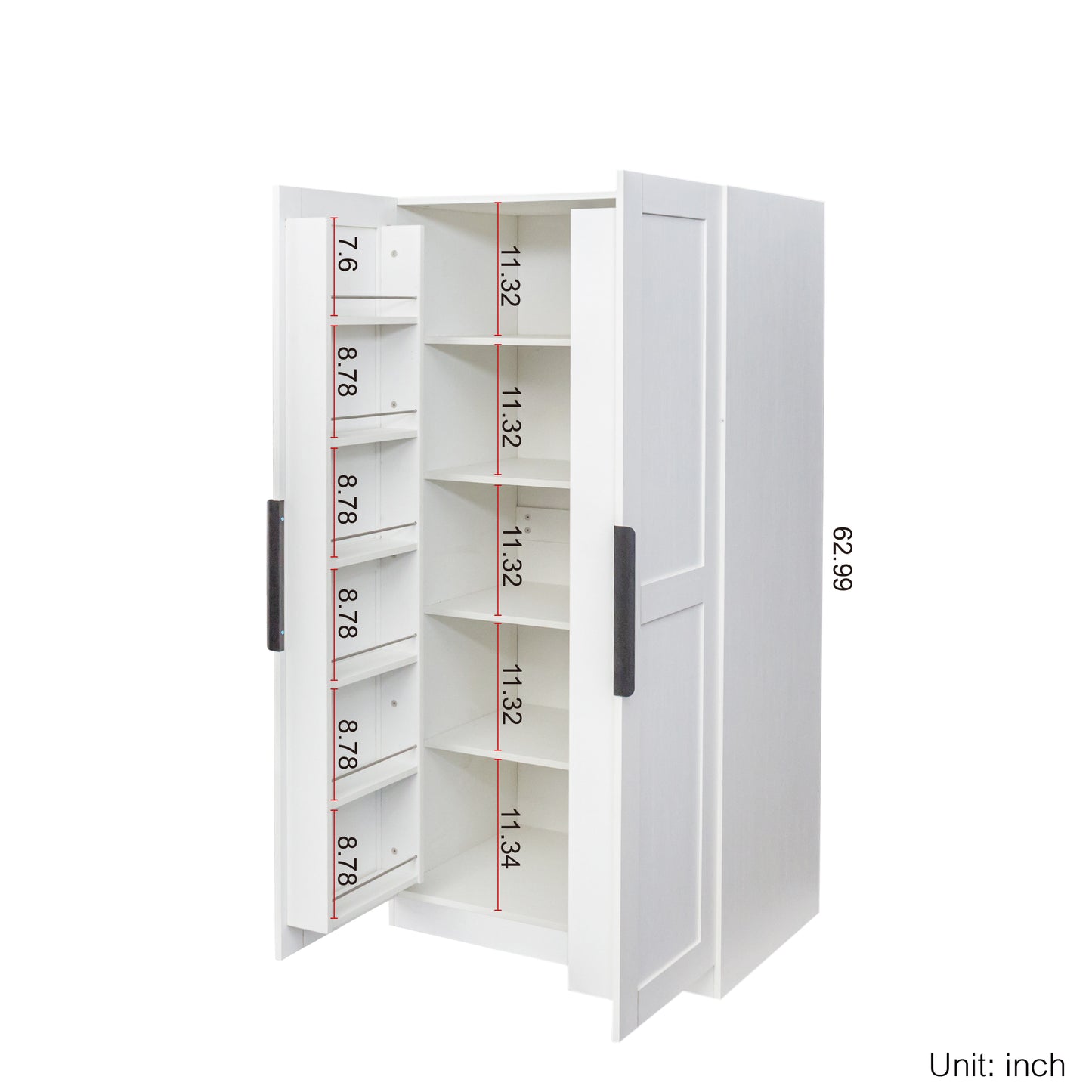 Elegant 62.99” White Freestanding Kitchen Pantry Cabinet with Multi-Level Shelves and Doors for Modern Living Spaces