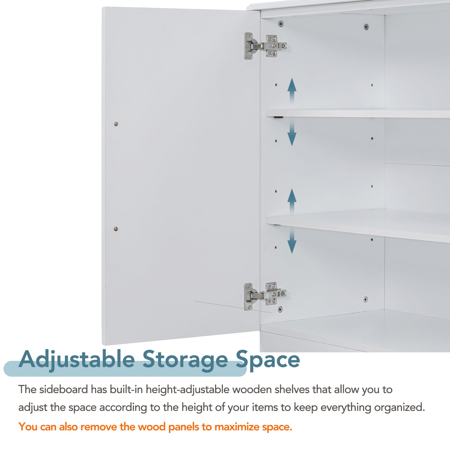 TREXM Sideboard with 4 Doors Large Storage Space Buffet Cabinet with Adjustable Shelves and Silver Handles for Kitchen, Dining Room, Living Room (White)