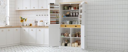 Elegant White Freestanding Kitchen Pantry with Adjustable Shelves and Built-in Drawers - 40.2x20x71.3 inches