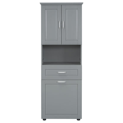 Tall Grey Storage Cabinet with Removable Laundry Hamper, Multi-Functional Upper Shelves and Cabinet Doors