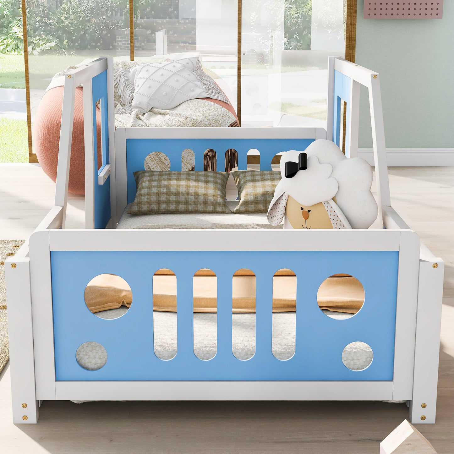 Blue Twin Size Car-Themed Platform Bed with Wheels
