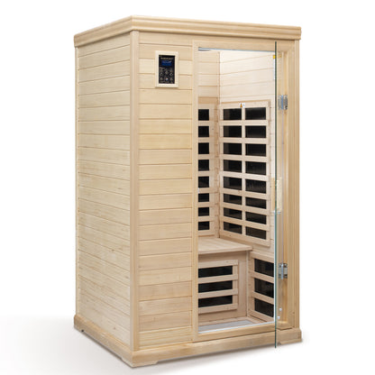 Two-Person Far-Infrared Hemlock Indoor Sauna with 9 Heating Panels, LCD Touch, Bluetooth, 1750W - Natural