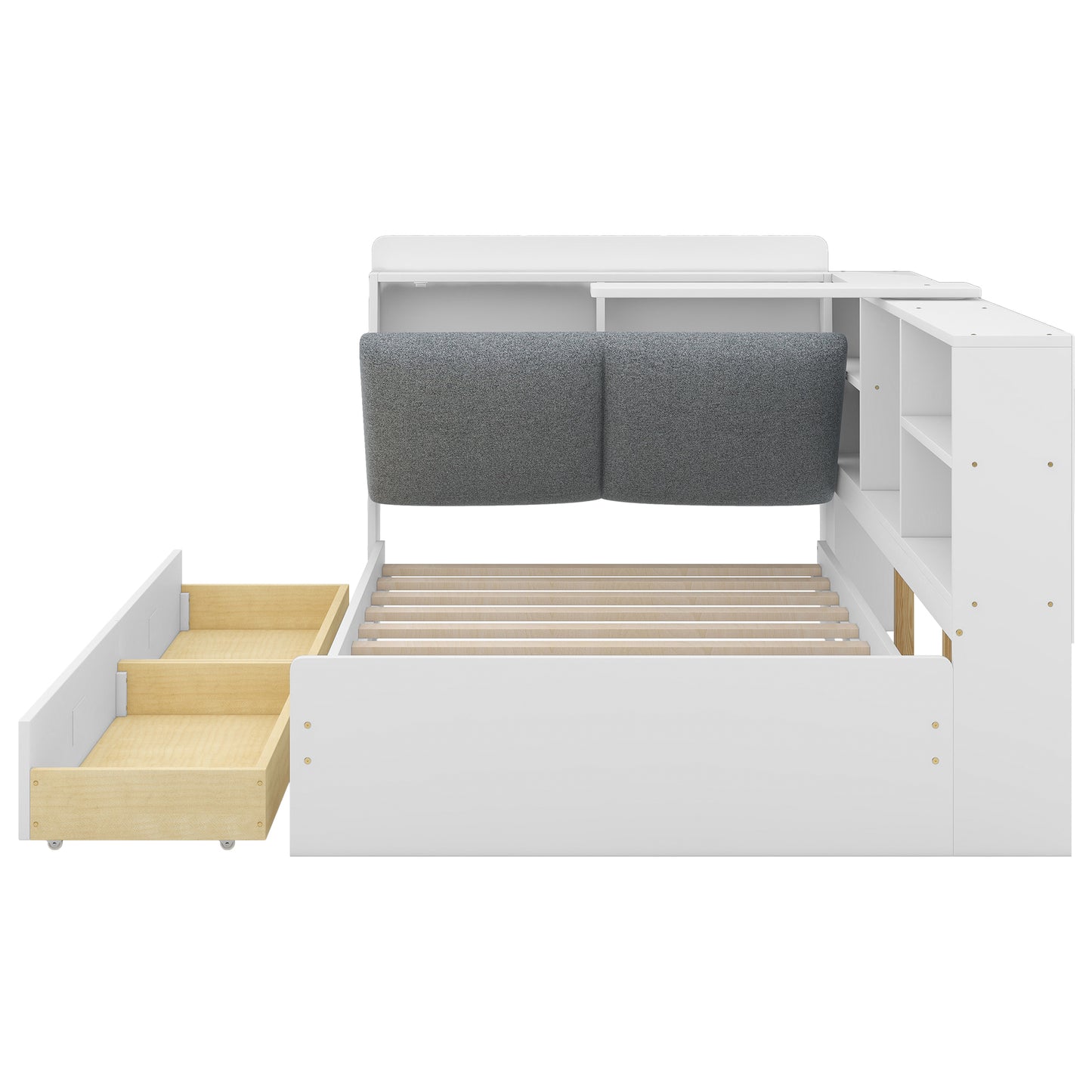 Elegant White Twin Size Platform Bed with Storage Headboard, Shelves, and Drawers