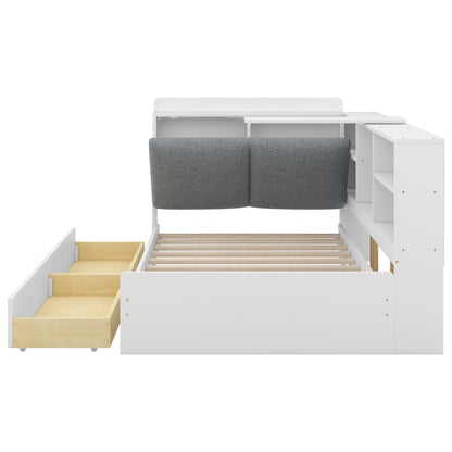 Elegant White Twin Size Platform Bed with Storage Headboard, Shelves, and Drawers