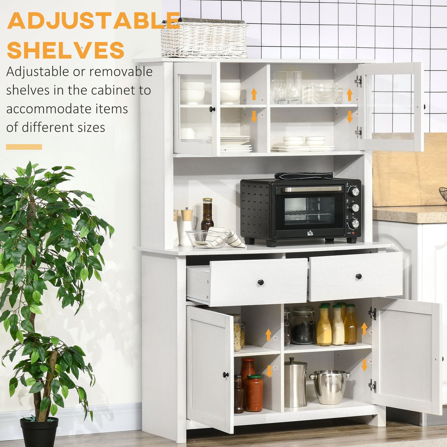 Antique White 63.5" Kitchen Storage Buffet with Hutch and Adjustable Shelves
