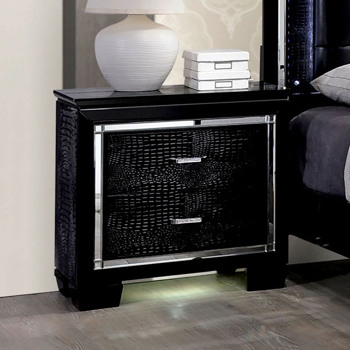 Contemporary 1pc Nightstand Black Bedside Table LED Light English Dovetail Drawer Bedroom Furniture