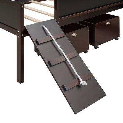Espresso Twin Loft Bed with Slide and Storage Bins
