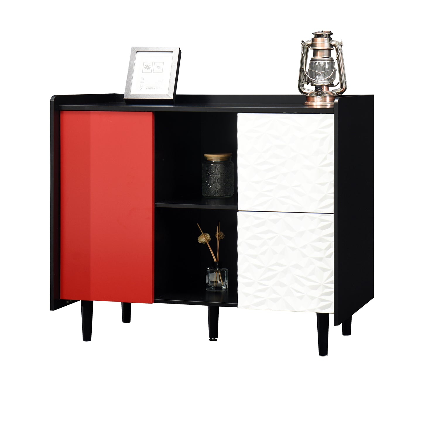 Sideboard Buffet Cabinet, Black Storage Cabinet with Red Doors , 2 Drawers with unique panel styling and 2 Open Storage Compartment, Modern Coffee Bar Cabinet Accent Cabinet for Kitchen, Dining Room,