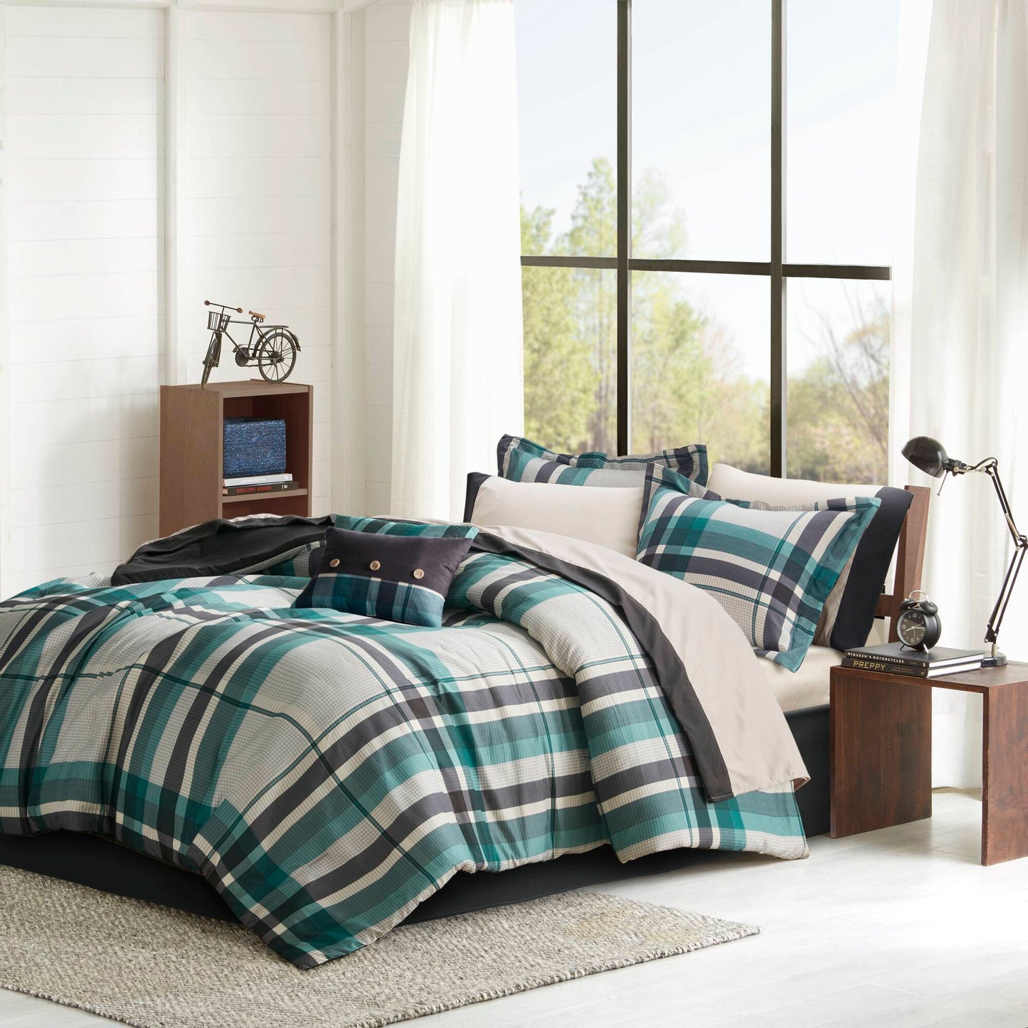 Queen Plaid Microfiber 9-Piece Comforter Set with Sheets - Shams, Pillowcases - OEKO-TEX - Teal/Black