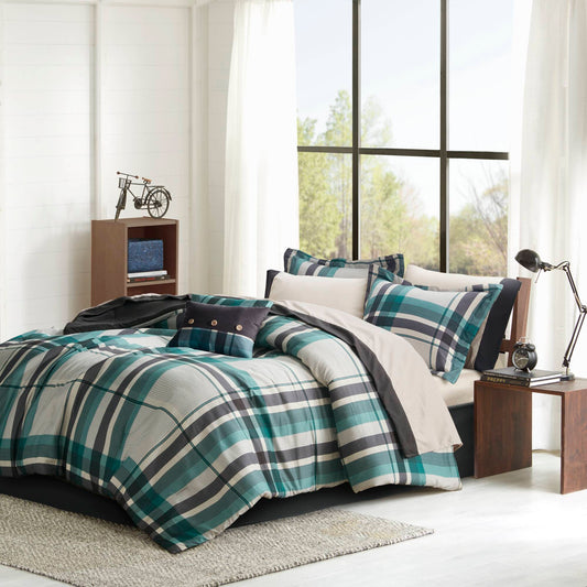 Queen Plaid Microfiber 9-Piece Comforter Set with Sheets - Shams, Pillowcases - OEKO-TEX - Teal/Black