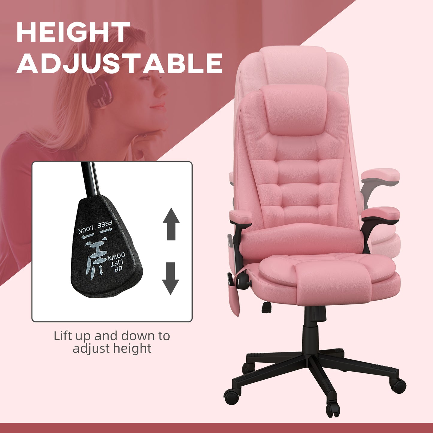 Pink High Back Massage Office Chair with Heated Recline and Remote Control - 6 Vibration Points, PU Leather