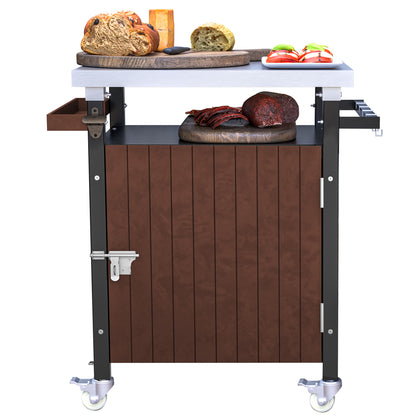 Rolling Outdoor Grill Cart with Stainless Steel Surface, Versatile Patio Kitchen Island, Mobile BBQ Serving Station with Storage, Hooks, and Spice Rack