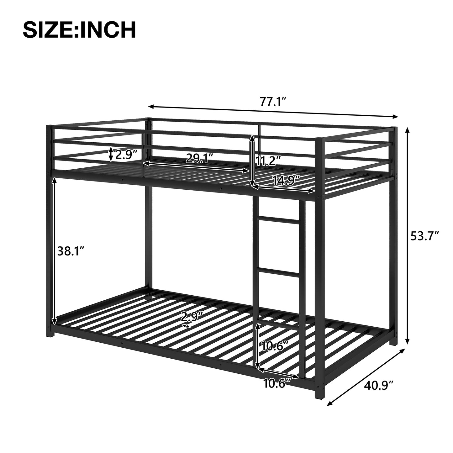 Stylish Black Twin Metal Bunk Bed with Ladder - Space-Saving Low Design