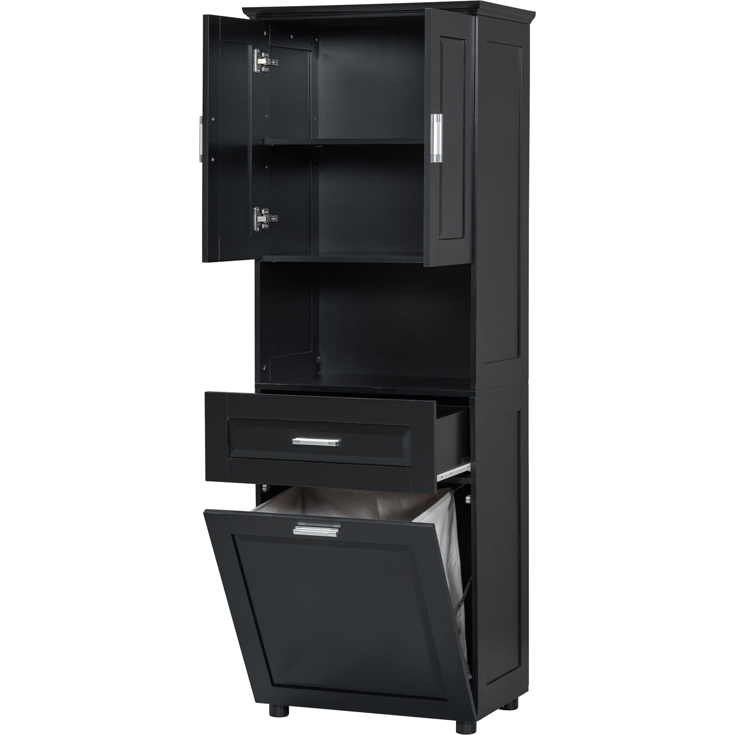 Stylish Tall Black Bathroom Storage Cabinet with Removable Laundry Basket and Ample Organizing Space