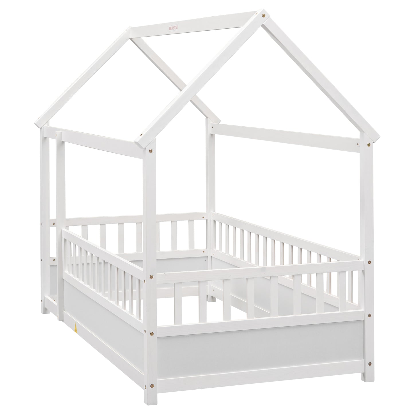 Whimsical Twin Floor Bed with House Roof and Safety Guardrails in White