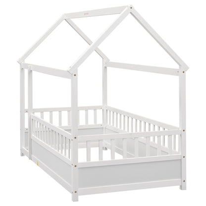 Whimsical Twin Floor Bed with House Roof and Safety Guardrails in White