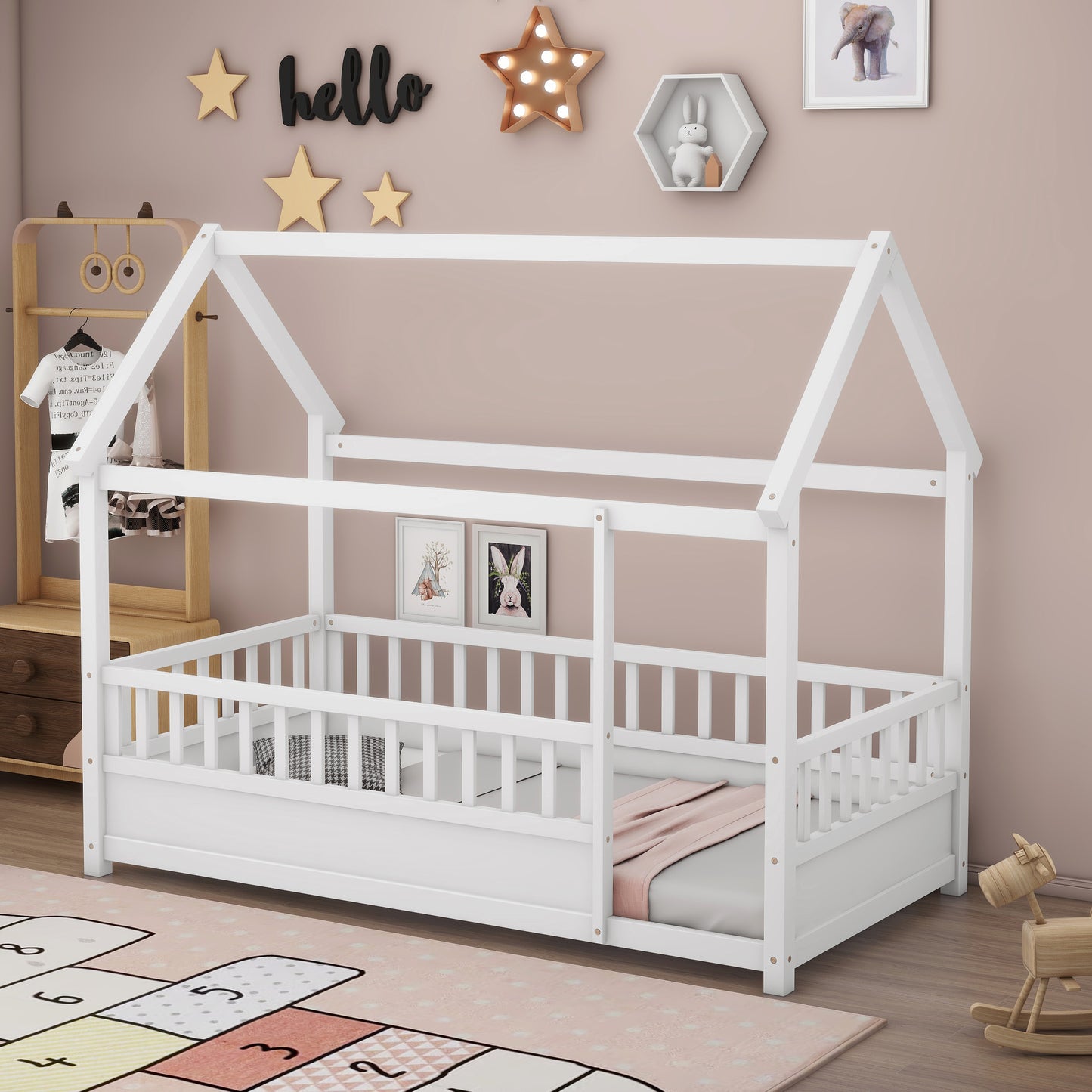 Whimsical Twin Floor Bed with House Roof and Safety Guardrails in White