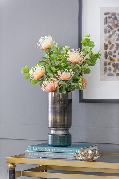 Glass Vase, Hourglass Shape with Chrome Accent, 5.1x5.1x13.2 in, Living Room Centerpiece, Smokey Blue