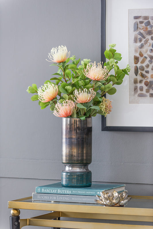 Glass Vase, Hourglass Shape with Chrome Accent, 5.1x5.1x13.2 in, Living Room Centerpiece, Smokey Blue