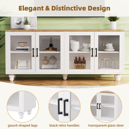 ON-TREND Farmhouse TV Stand with Tempered Glass Doors for TVs Up to 70", Versatile Sideboard with Adjustable Shelves, Elegant Buffet Cabinet with 5 Solid Wood Gourd-Shaped Legs for Living Room, White