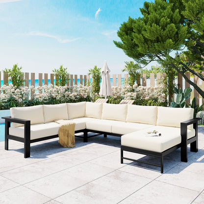 U Shaped 6 Seat Outdoor Sofa Set With Aluminum Frame For Garden Patio Balcony 115.7 Inch Length White