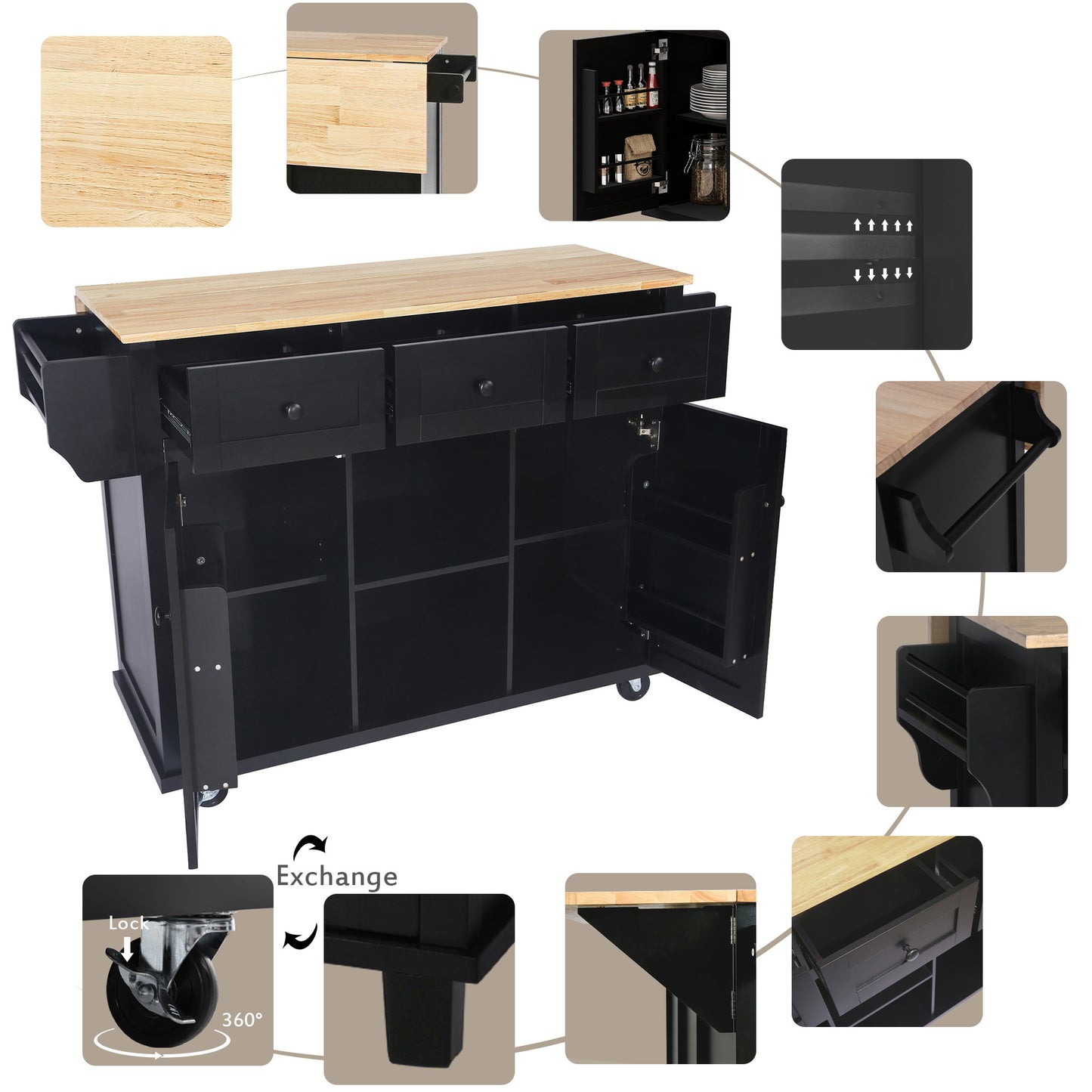 Black Kitchen Island Cart with Drop-Leaf Rubber Wood Top, Storage Cabinet, and Rolling Wheels