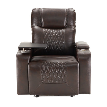 Electric Recliner with USB Port, Arm Storage, 360° Swivel Tray Table, 100°-160° Recline Brown PU Leather