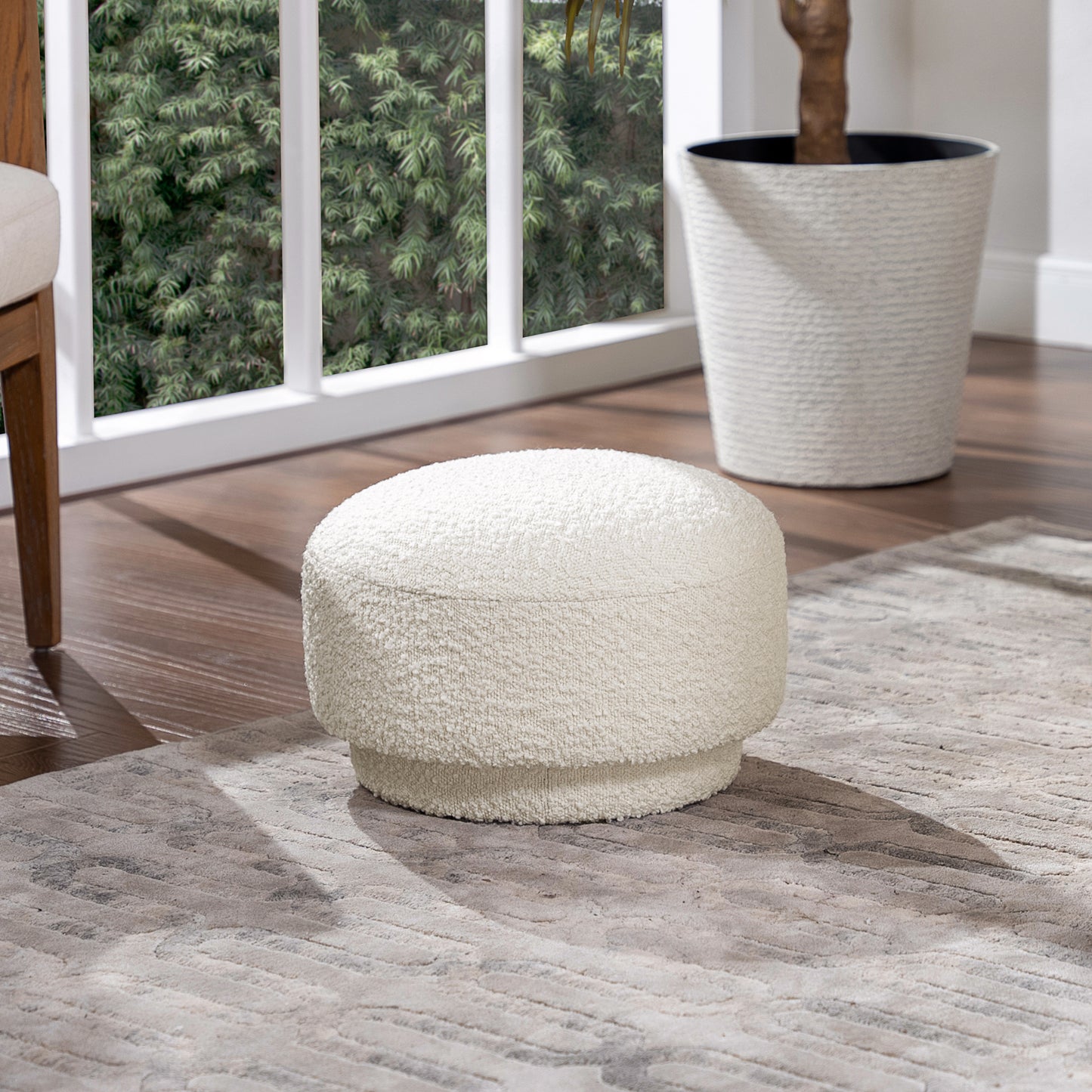 15-Inch Round Mushroom Footstool Ottoman, Boucle, Wood Frame, 200 lb Capacity, Living Room, Ivory White