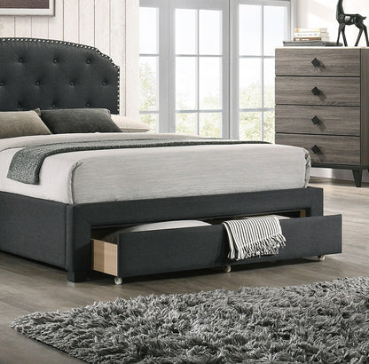 Charcoal Burlap Twin Storage Bedframe with Button Tufted Headboard and Underbed Drawer