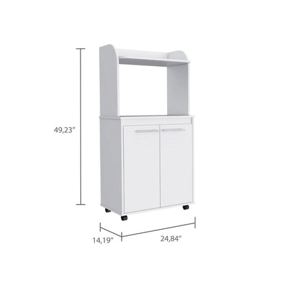 White 2-Door Kitchen Pantry with Microwave Shelf and Caster Wheels