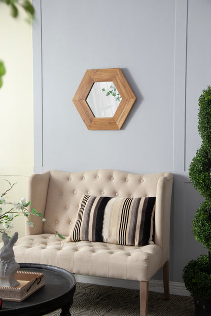 Hexagonal Teak Wood Framed Mirror - 18.5” Wall Decor for Living Room, Bathroom, or Hallway