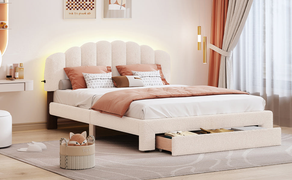 Beige Teddy Fleece Queen Upholstered Platform Bed with Storage Drawer