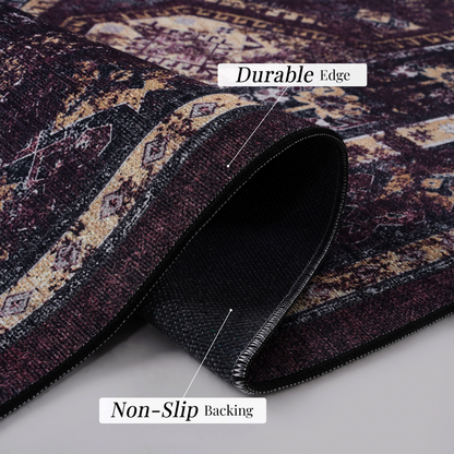 5x8 Area Rug, Machine Washable, Low-Pile, Non-Slip, Kid & Pet Friendly, Living Room - Black-Burgundy