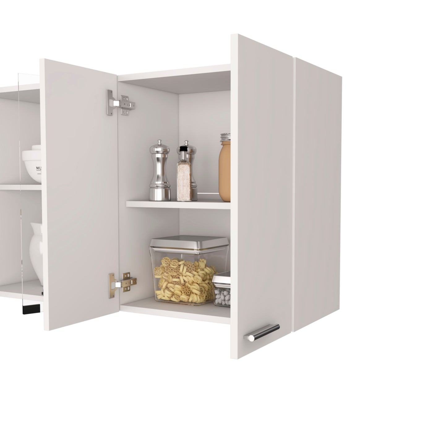 White Wall Cabinet with Four Doors, Two Glass Doors, and Internal Shelves, 24" H