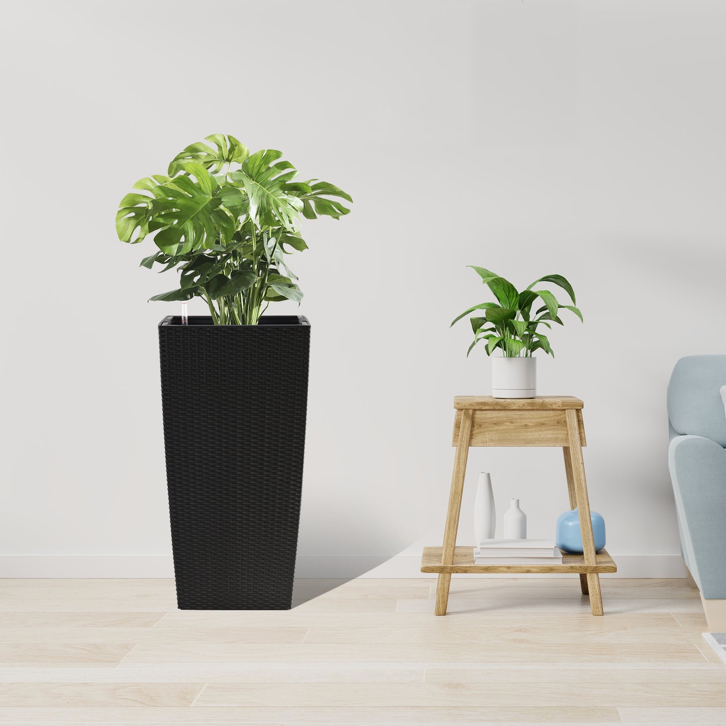 30-Inch Self-Watering Planter with Drain Holes, Inner Tray, Water Level Monitor, Polypropylene, Black